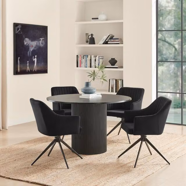 FurnitureboxUK Penrose Black Round Dining Table and 4 Calla Black Velvet Swivel Chairs, Diameter: 120 cm