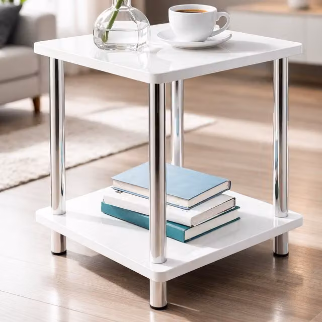 Spot On Dealz Modern White Glossy Bedside Table with Undershelf and Oak Wood Accents