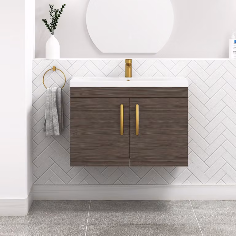 Royal Bathrooms Turin 800mm Wall Hung Vanity Sink Unit in Grey Elm with Mid-Edge Basin and Brushed Brass Handle