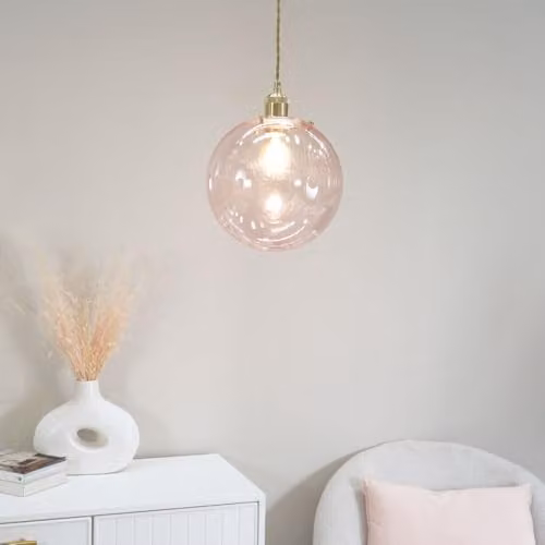 ValueLights Pink Tinted Glass Globe Ceiling Light Shade with Gold Trim and LED Bulb, Shade Width: 25 cm – 2