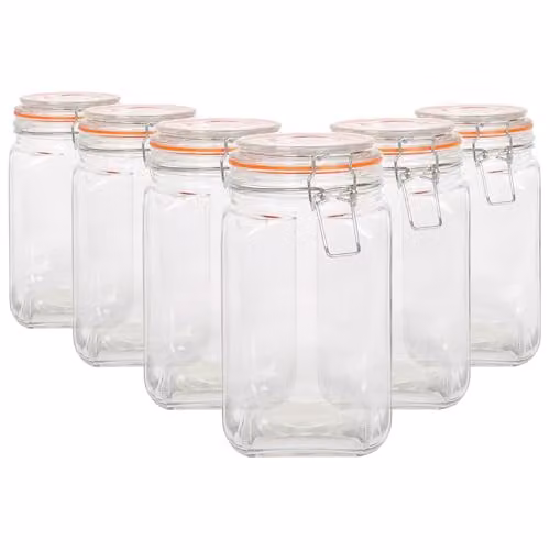 Argon Tableware Pack of 6 Transparent Square Glass Jars with Clip-Top Lids, 1.25 l – 1