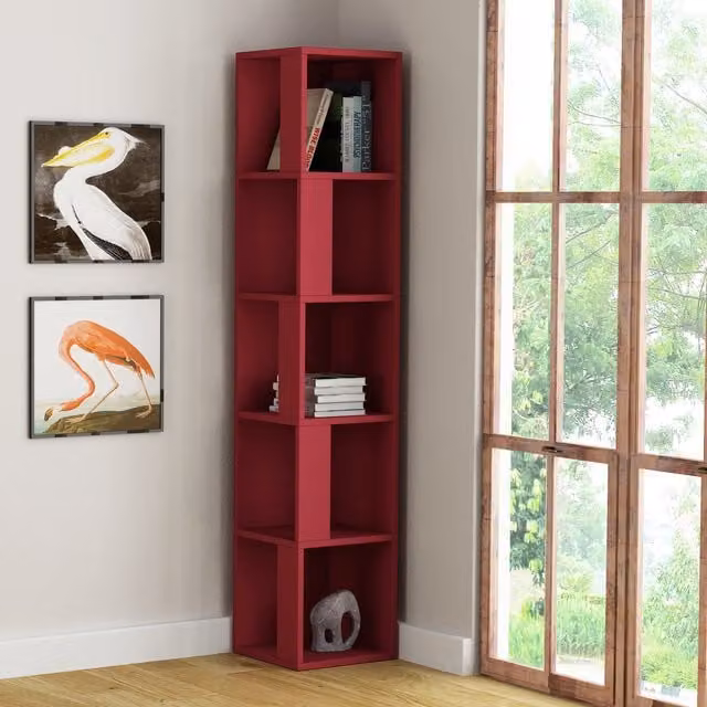 Decortie Modern 5-Tier Corner Bookcase Shelving Unit, Red, H 158.9 x W 31.4 x D 31.4 cm