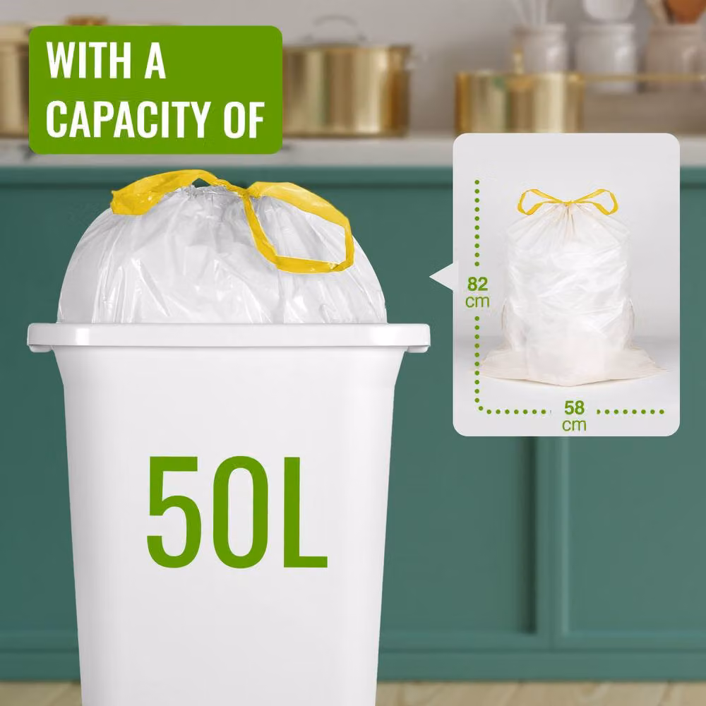ECOBAG Vanilla Scented Kitchen Drawstring Bin Liners, 50L, White, 30 Pack – 2