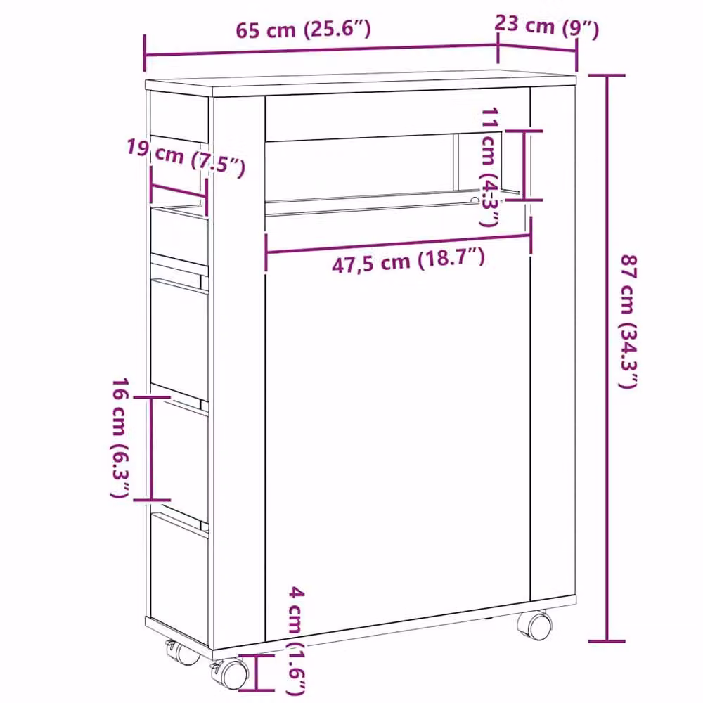 Berkfield Home Narrow Freestanding Bathroom Cabinet with Wheels in Black Oak Matt Engineered Wood – 6