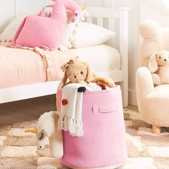 Wyld and Coco Pink Unicorn Open Weave Knitted Fabric Storage Basket for Children – 1
