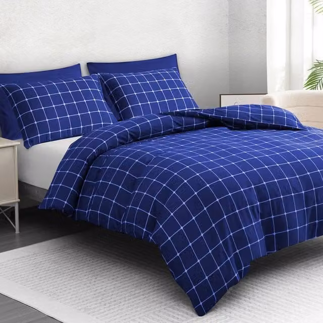 Lazzaro Home Blue Checkered Reversible Microfibre Duvet Cover and Pillowcase Set, King Size (180 x 200 cm) – 1