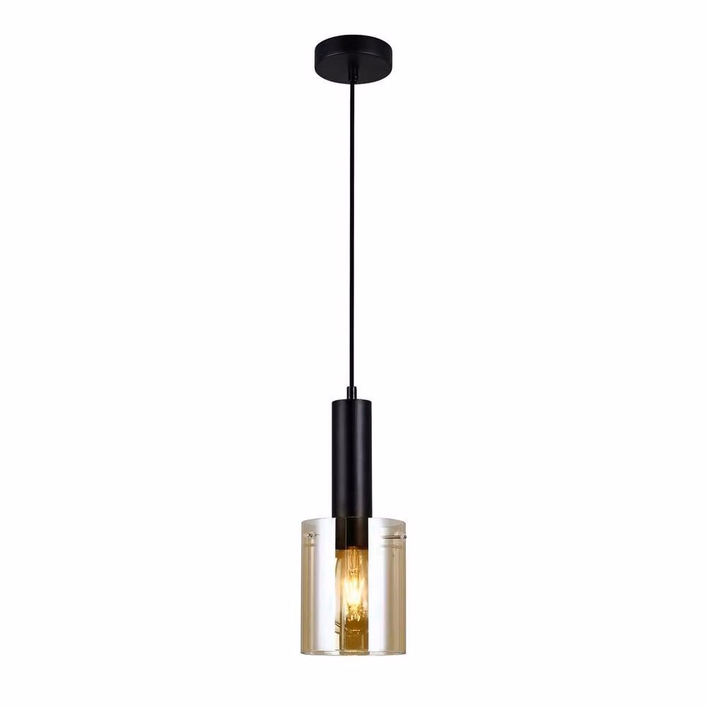 Netlighting Modern Black Cylinder Hanging Pendant Light with Amber Glass Shade and E27 Socket – 2