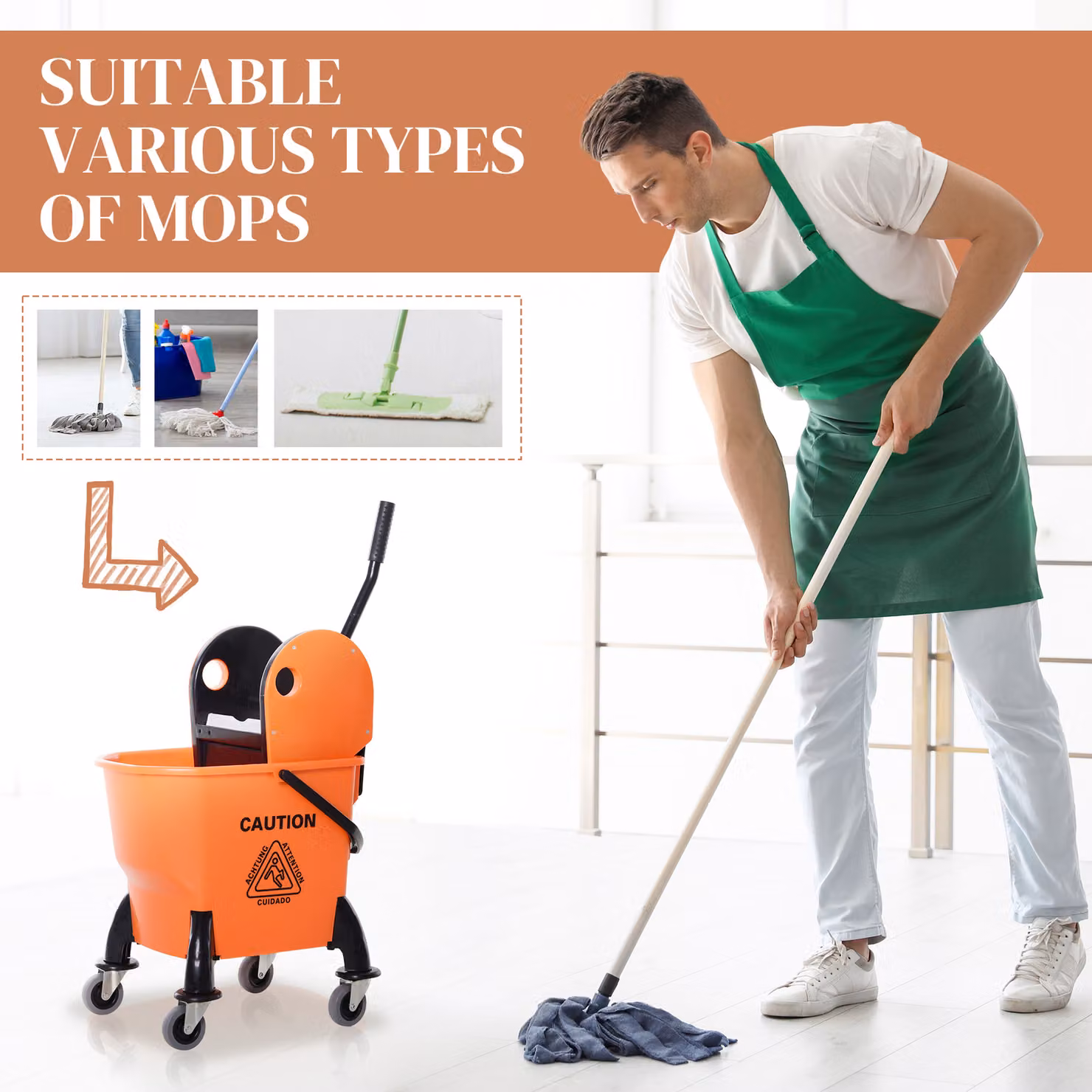 HOMCOM 26L Mop Bucket with Wringer and Wheels, Orange Plastic Bucket with Carry Handle and Mop Holder – 4