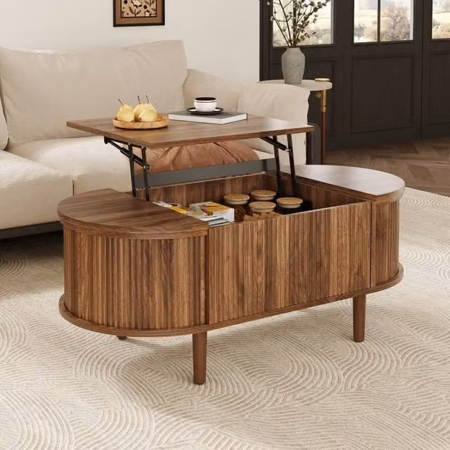 Merax Oval Lift-Top Fluted Coffee Table with Storage in Walnut Brown, W/D/H: 100 x 60 x 48 cm – 1