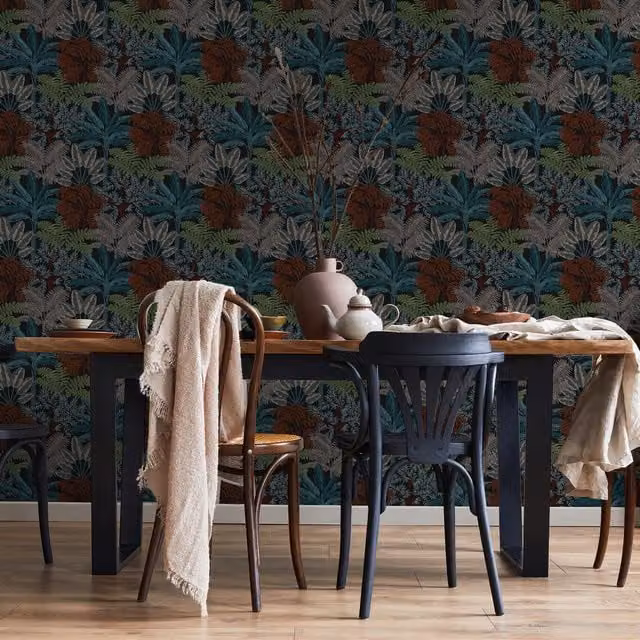 Superfresco Easy Intrigue Trees Wallpaper in Twilight, Black and Multicolour Art Nouveau Botanical Floral Design