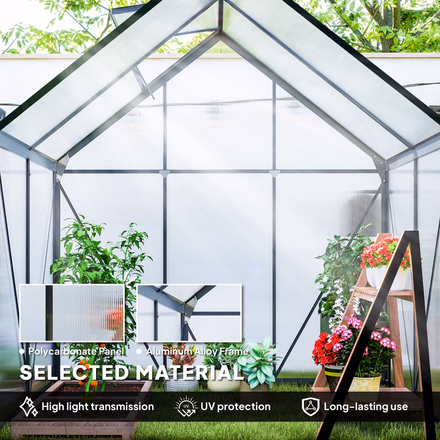 Outsunny Transparent Polycarbonate Walk-In Greenhouse with Sliding Window and Rain Gutter, W/D/H: 131 x 131 x 200 cm – 3