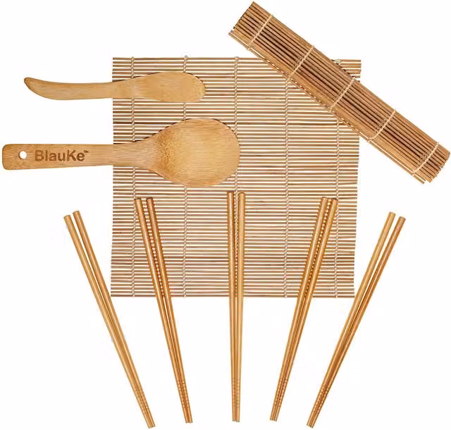 BlauKe Sushi Making Kit with Bamboo Rolling Mats, Chopsticks, Rice Paddle and Spreader in Beige
