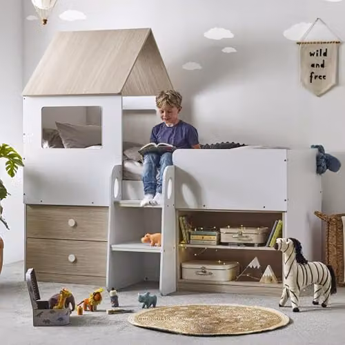 Julian Bowen Orpheus Mid Sleeper Bed Frame in White and Oak with Stairs and Drawers, W/D/H: 196.5 x 90 x 120 cm – 1
