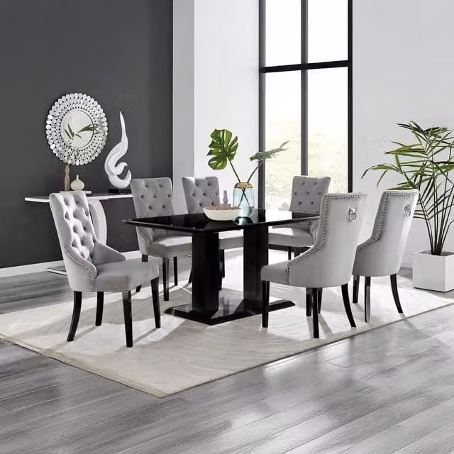 FurnitureboxUK Imperia 6 Black Rectangular Glass Dining Table with 6 Belgravia Black Leg Chairs in Grey