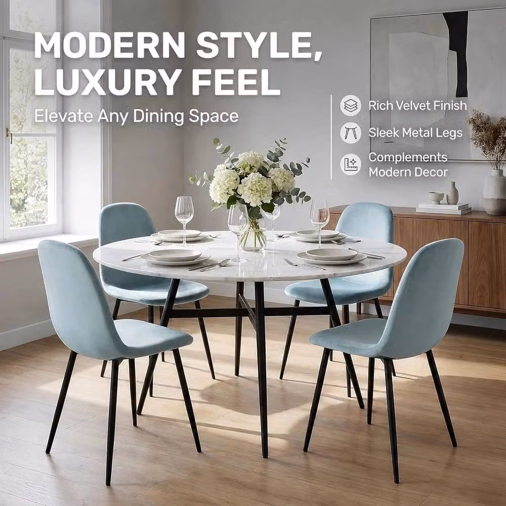 VOGREX Set of 2 Blue Velvet Low Back Upholstered Dining Chairs with Metal Legs – 4