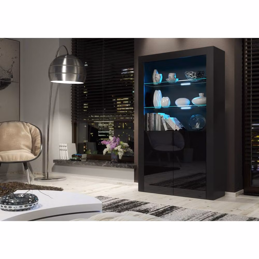 Mex Furniture LTD Spectrum Display Cabinet in Black with Glossy Hinged Doors and LED Lighting, W/D/H: 100 x 35 x 170 cm – 2