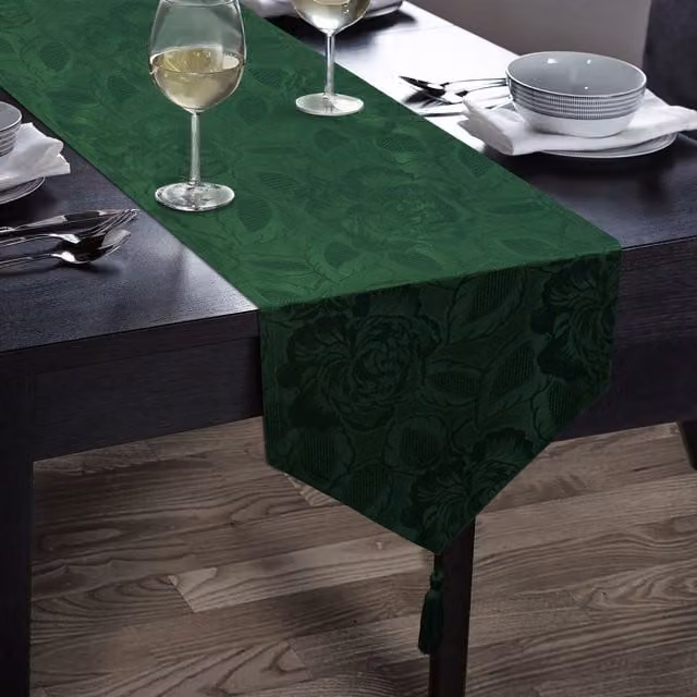 Intimates Forest Green Rose Damask Jacquard Table Runner, W: 33.02 cm, L: 177.8 cm