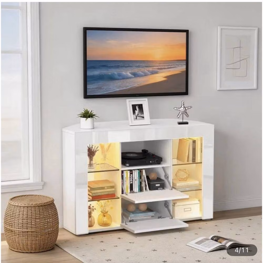 FORGEVIO Modern Corner TV Unit Stand with Integrated LED Lighting in White – 3