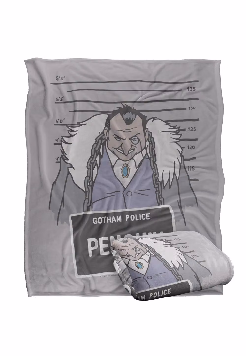 DC Comics Batman The Penguin Mugshot Blanket, White and Grey, W: 152 cm, D: 127 cm – 2