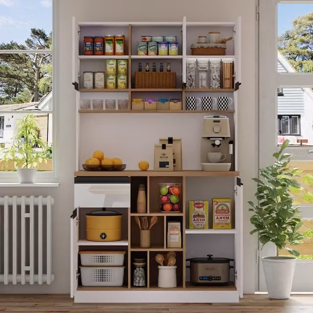 Aosom UK White Modern Glossy Kitchen Cabinet with Open Storage and Hinged Doors, W: 45 cm, D: 45 cm, H: 185 cm