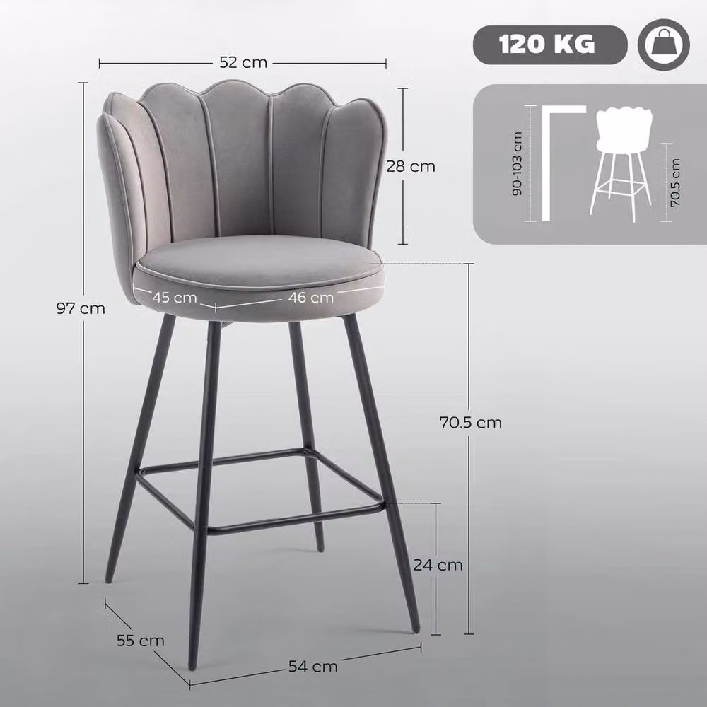FORGEVIO Set of 2 Grey Velvet Barstools with Petal Backrest – 2