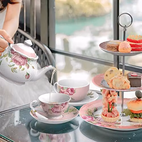 London Boutique Pink and White Floral Tea Cup and Saucer Set of 2 in New Bone China – 3