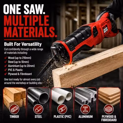 Lumberjack 1200W Corded Reciprocating Saw with Variable Speed and Soft Grip Handle for Wood, Metal and Plastic in Red – 4