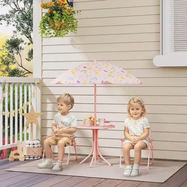 AIYAPLAY Kids Garden Table and Chair Set with Parasol in Pink