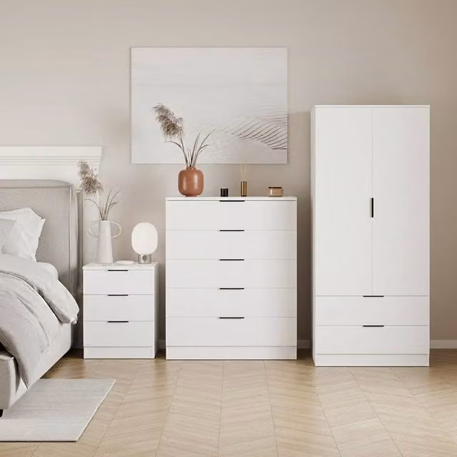 Vida Designs Trega 3-Piece White Bedroom Set Including Wardrobe, 5-Drawer Chest and 3 Bedside Tables