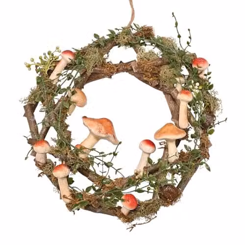 Widdop and Co Mushroom Christmas Wreath in Green and Multicolour, 35 cm Diameter, Rustic Woodland Style Decoration with Faux Mushrooms and Moss