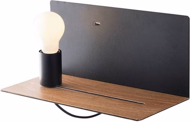 Netlighting Modern USB Wall Lamp and Shelf in Black Wood with E27 Fitting