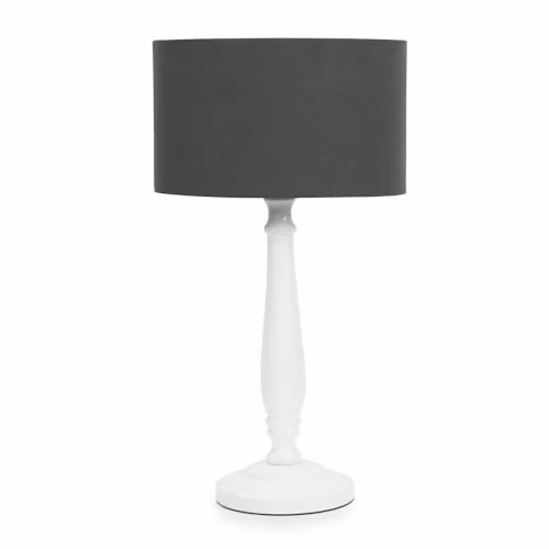 ValueLights Traditional White Wood Candlestick Table Lamp with Grey Fabric Drum Shade and LED Bulb