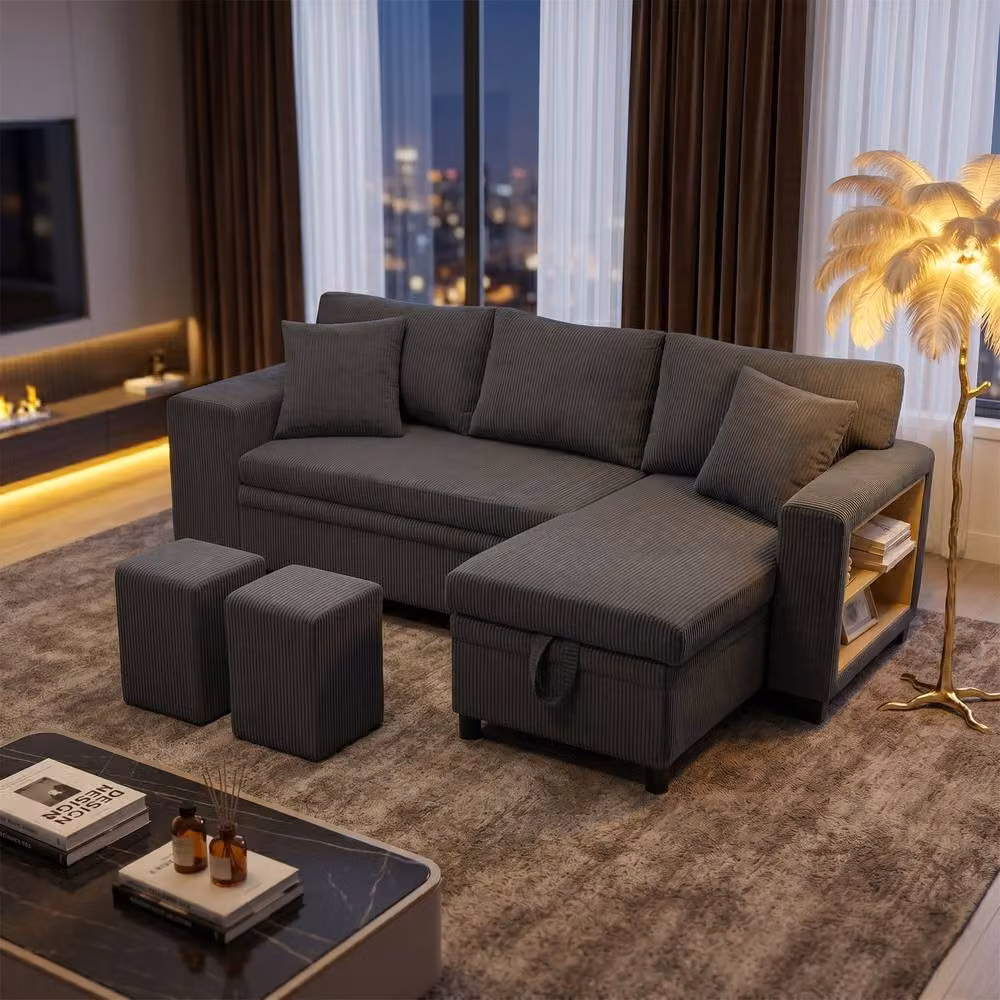 FENCHILIN L-Shaped Pull-out Sofa Bed with Reversible Chaise and 2 Matching Ottomans in Grey – 2