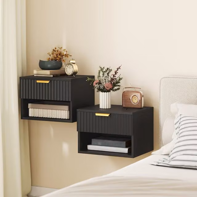 HOMCOM Set of 2 Modern Wall Mounted Floating Nightstands in Black and Gold