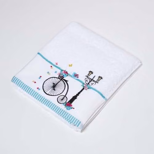 Homescapes White Turkish Cotton Embroidered Hand Towel with Vintage Bicycle and Floral Design
