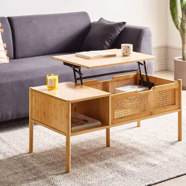 Wyld and Coco Bamboo and Rattan Lift-Top Coffee Table in Beige, W: 99 cm, D: 48 cm – 1
