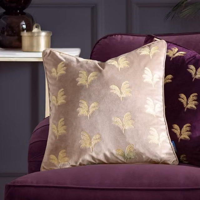 Paoletti Floral Velvet Embroidered Cushion in Brown and Beige, W/D/H: 45 x 45 x 45 cm