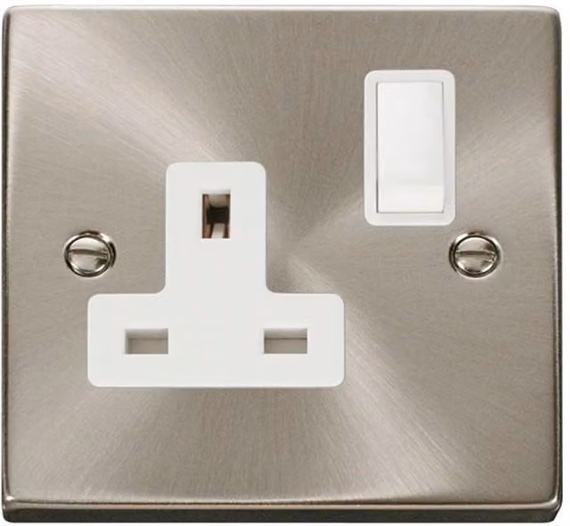 SE Home 1 Gang 13A DP Switched Flush Socket Plate in Brushed Chrome and Metallic Silver