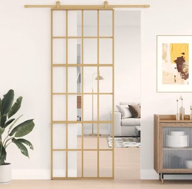 Berkfield Home Minimalist Sliding Door in Gold with Transparent ESG Glass and Aluminium, W: 76 cm, H: 205 cm