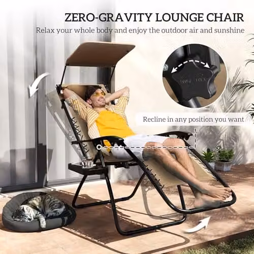Outsunny Set of 2 Zero Gravity Lounger Chairs with Padded Seats in Brown – 4