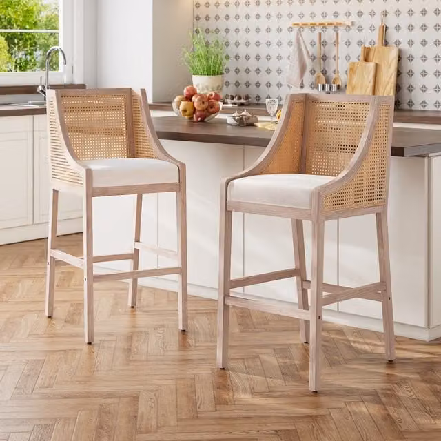 Livingandhome Direct Set of 2 White Boho Rattan Bar Stools with Backrests