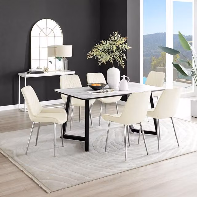FurnitureboxUK Carson White Marble Effect Dining Table and 6 Pesaro Silver Chairs in Cream