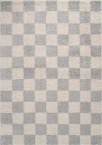 Desire Rugs Chester Modern Checkered Shaggy Area Rug, Grey, W: 60 cm, L: 220 cm