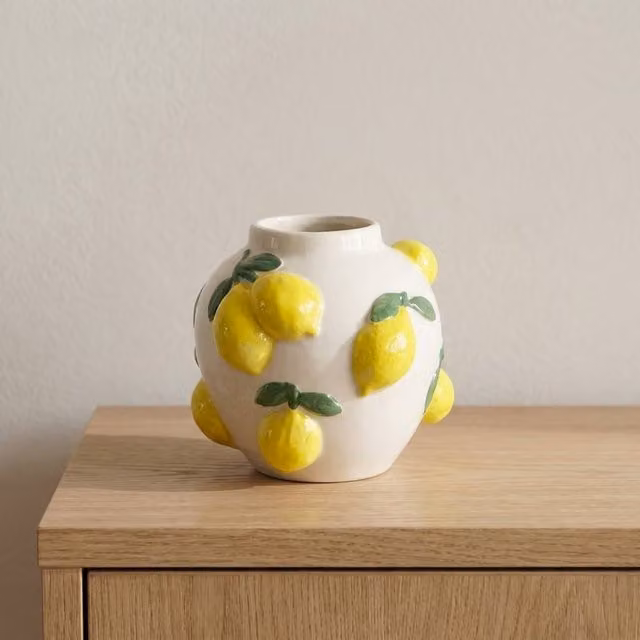 Garden Greatness Mediterranean Lemon Pattern Ceramic Tabletop Display Vase in White, Yellow and Multicolour, H 12.0 cm