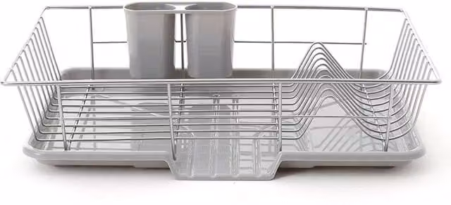 Garden Sanctuary Metal Dish Drying Rack with Removable Drip Tray and Cutlery Holder in Silver