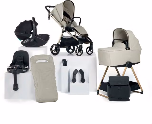 Cybex Vardo Complete Pushchair Bundle in Beige with Maxi-Cosi Pebble Slide Pro Car Seat, Isofix Base and 9 Essential Accessories