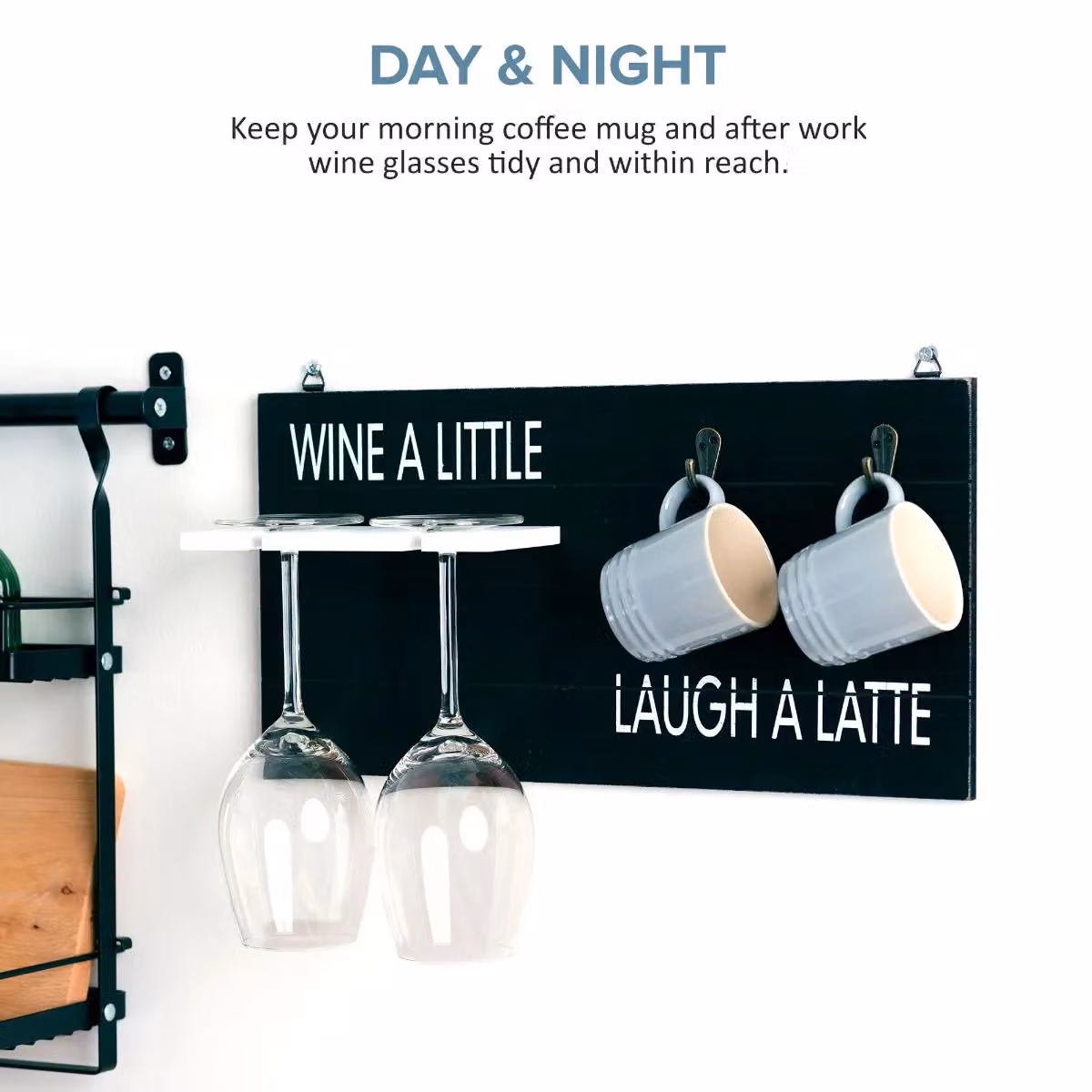 Wicked Gizmos Wall Mounted Wooden Coffee Mug and Wine Glass Holder in Black – 4