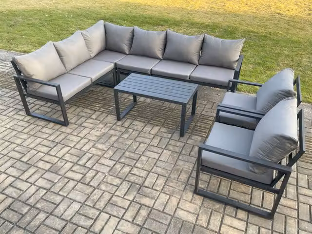 Fimous 8 Seater Modern Aluminium Garden Furniture Set in Dark Grey with L-Shape Corner Sofa, 2 Chairs and Oblong Coffee Table