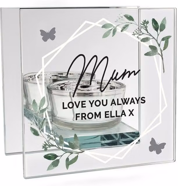 Personalised Memento Company Personalised Botanical Mirrored Glass Tea Light Candle Holder in Metallic Silver