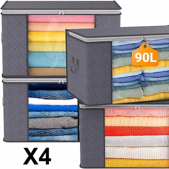 YnysTec 4-Piece Zipped Clothes Storage Bags and Wardrobe Organiser Boxes, Grey, W/D/H: 40 x 60 x 35 cm, 40 x 35 x 40 cm